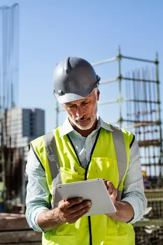 construction worker on tablet